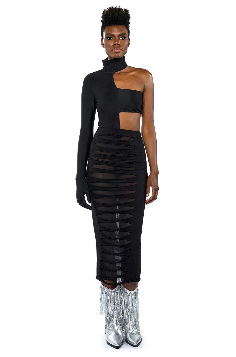 TRY ME DISTRESSED MIDI SKIRT