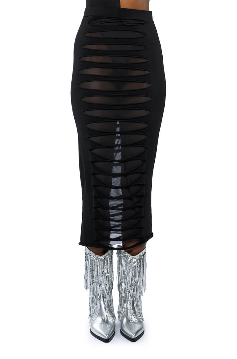 TRY ME DISTRESSED MIDI SKIRT
