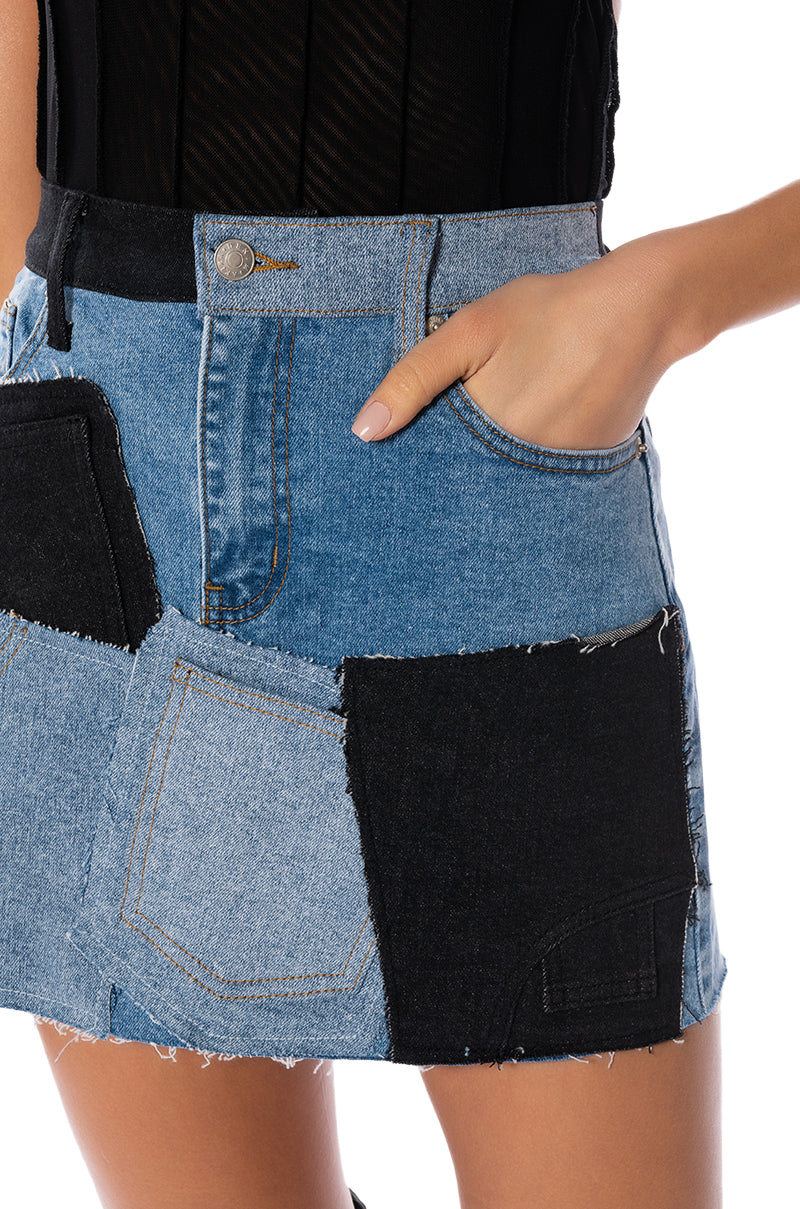 PATCHWORK DENIM MINI SKIRT