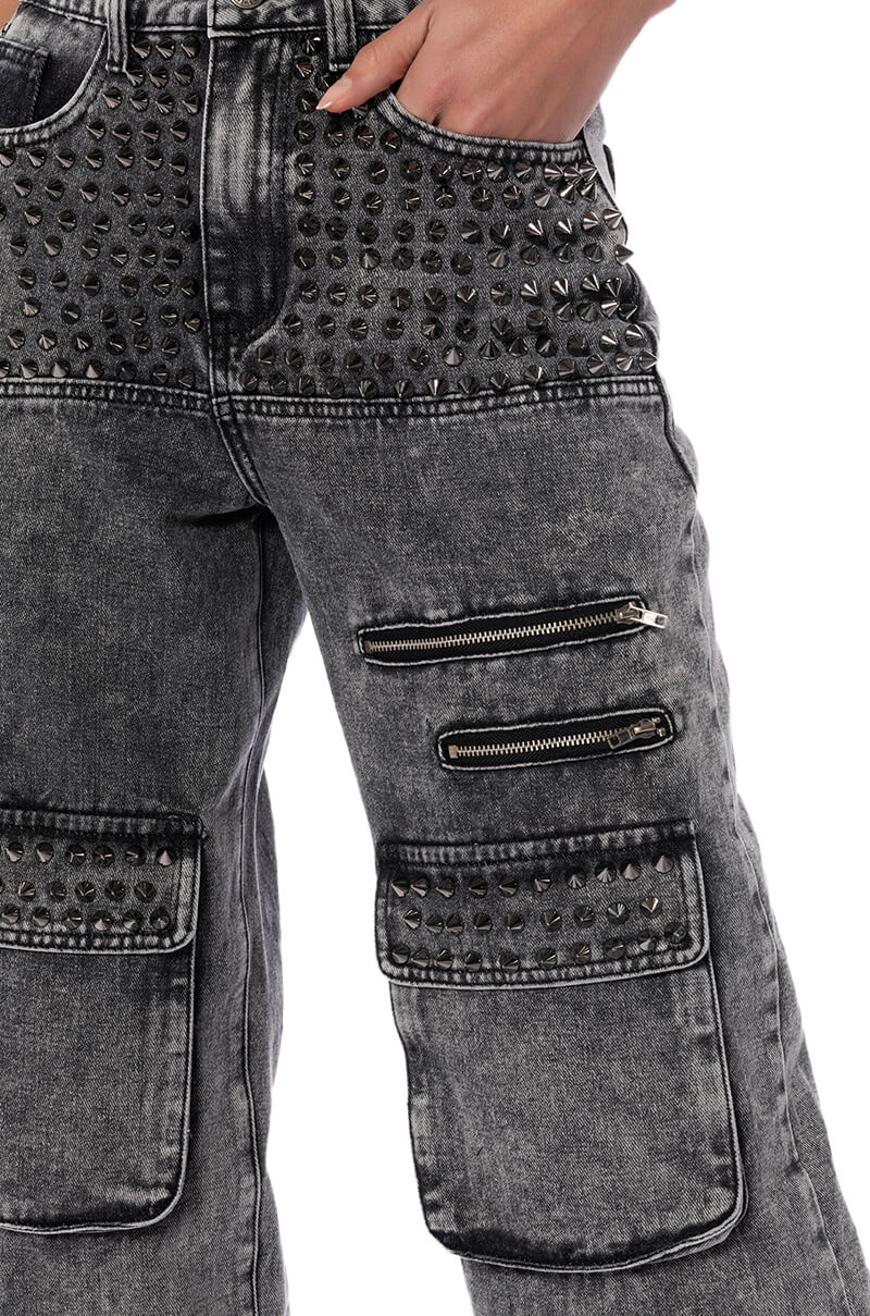 TURN IT UP STUD EMBELLISHED UTILITY JEANS
