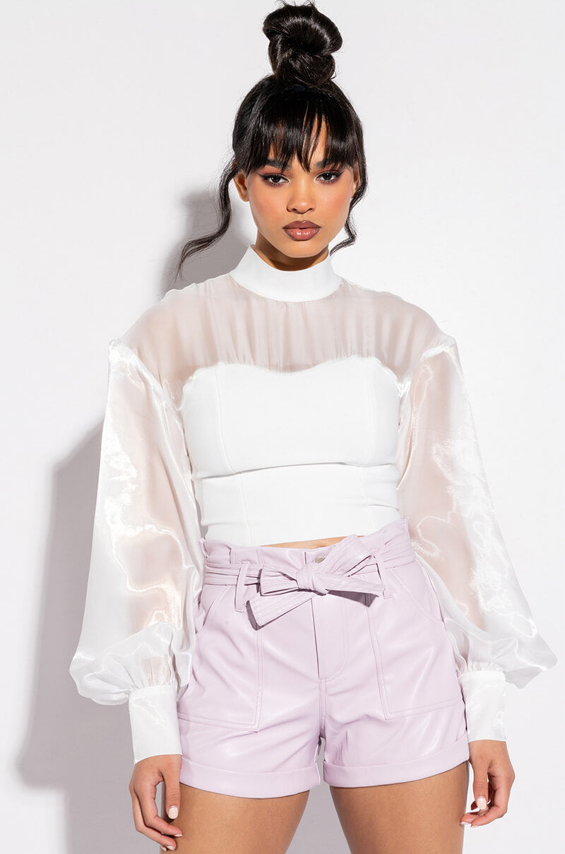 TWO STEPS AHEAD FAUX LEATHER PAPER BAG WAIST SHORTS
