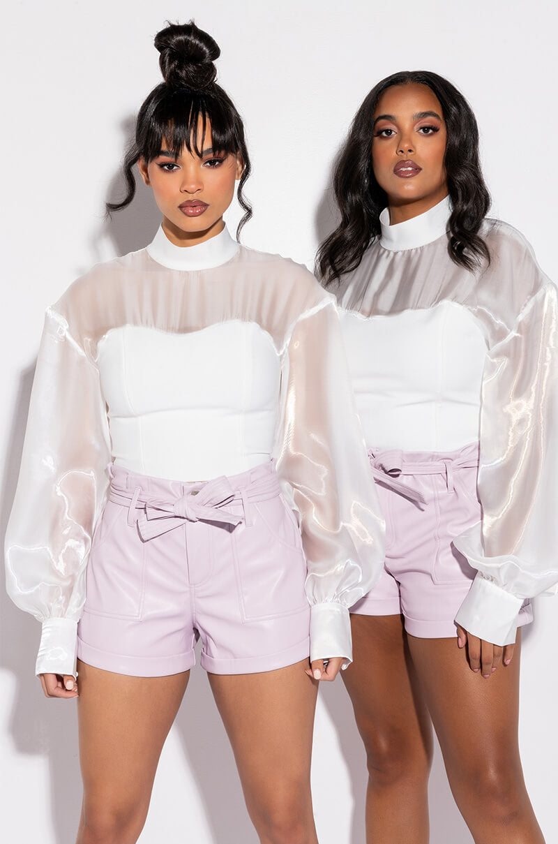 TWO STEPS AHEAD FAUX LEATHER PAPER BAG WAIST SHORTS