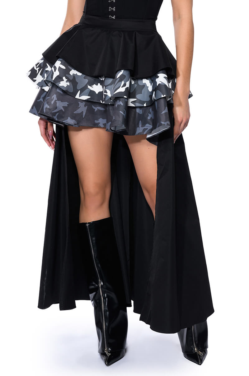 UNBOTHERED HIGH LOW HEM RUFFLE MAXI SKIRT
