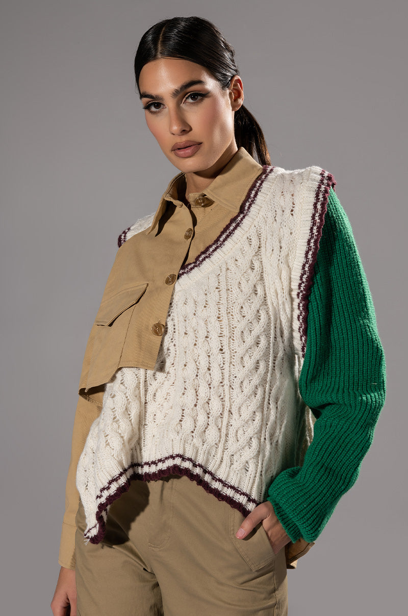 UNDECIDED MIXED MATERIAL BUTTON DOWN TOP