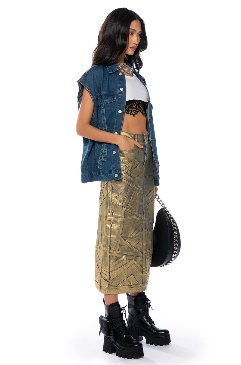 GIGI METALLIC PATCHWORK DENIM SKIRT