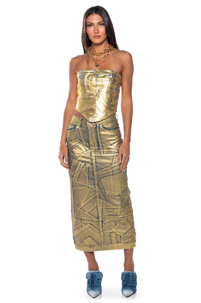 GIGI METALLIC PATCHWORK DENIM SKIRT