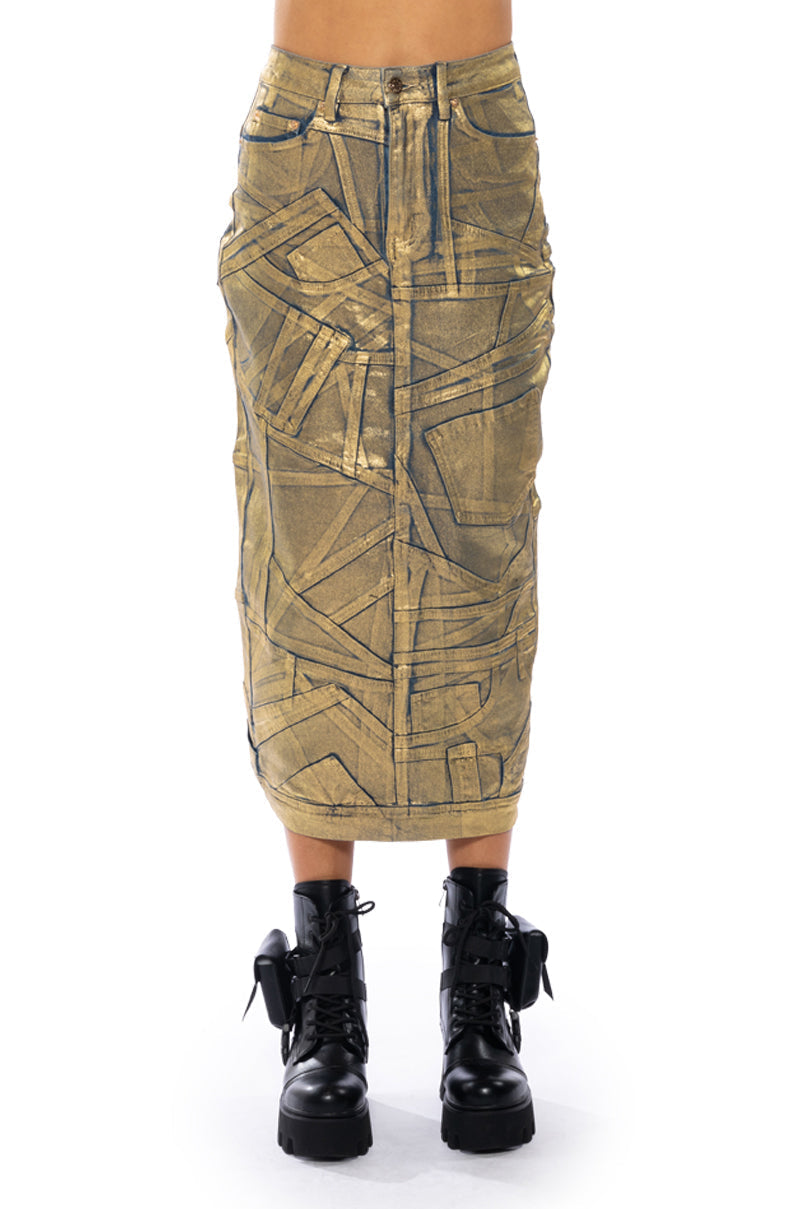 GIGI METALLIC PATCHWORK DENIM SKIRT