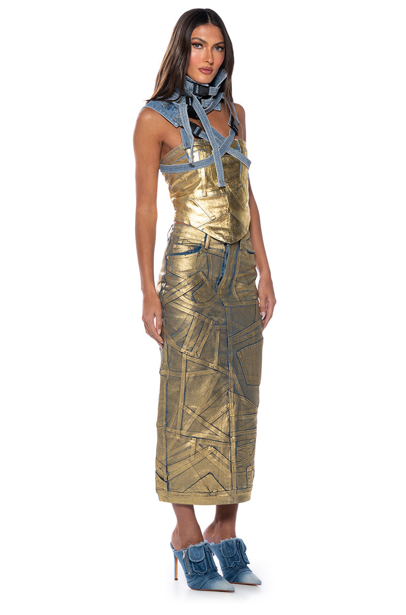 GIGI METALLIC PATCHWORK DENIM SKIRT