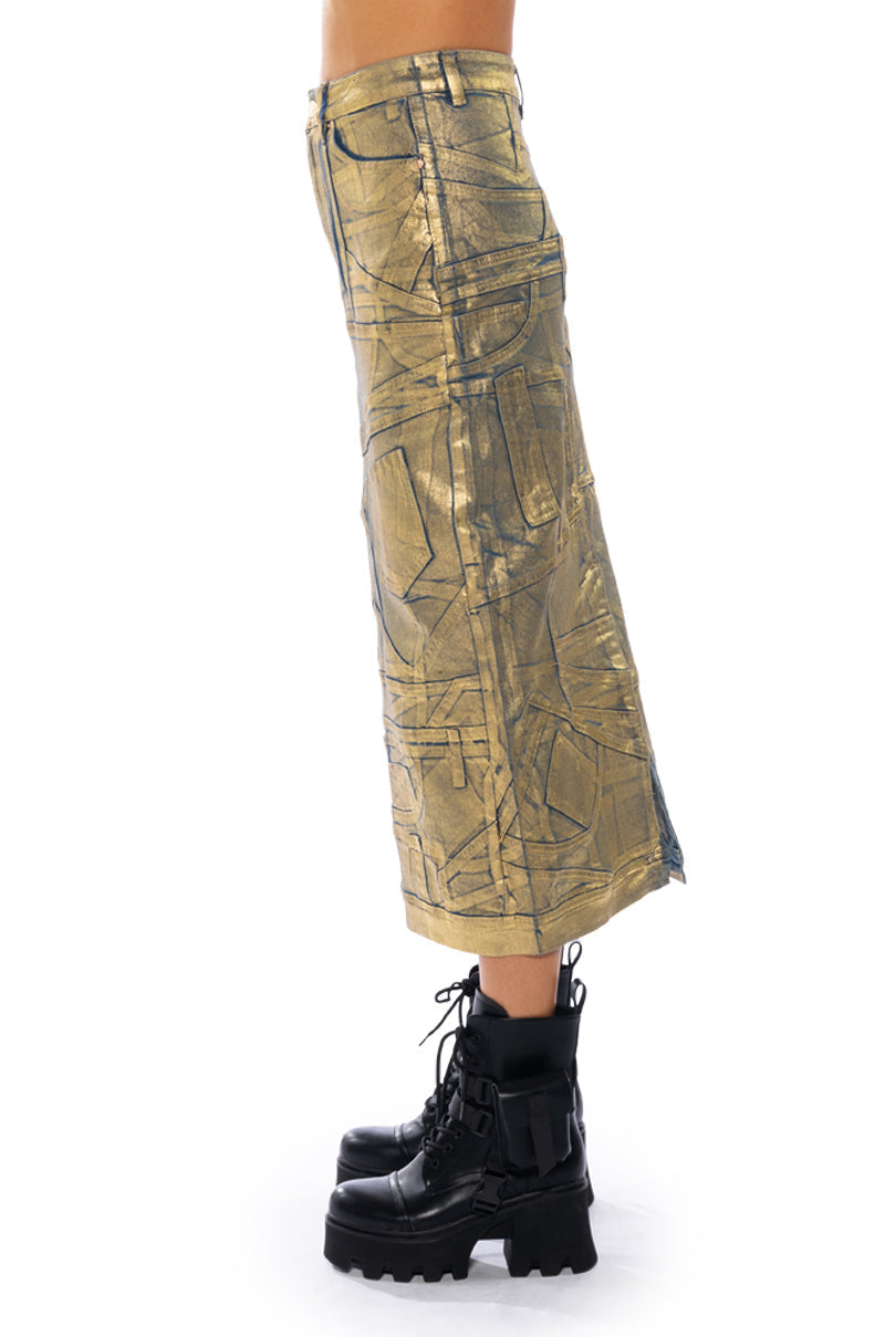 GIGI METALLIC PATCHWORK DENIM SKIRT
