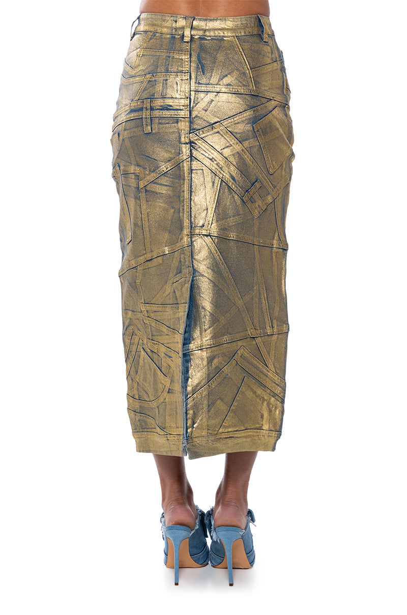 GIGI METALLIC PATCHWORK DENIM SKIRT