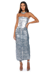 GIGI METALLIC PATCHWORK DENIM SKIRT