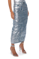 GIGI METALLIC PATCHWORK DENIM SKIRT
