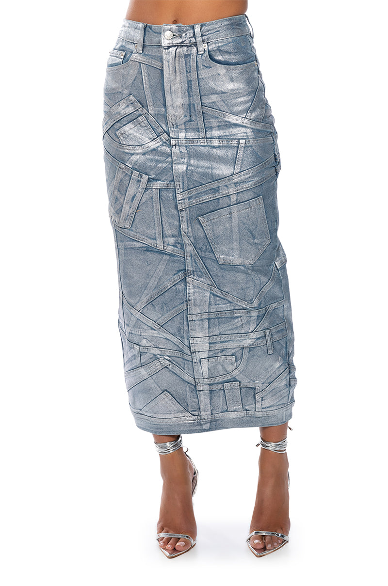 GIGI METALLIC PATCHWORK DENIM SKIRT