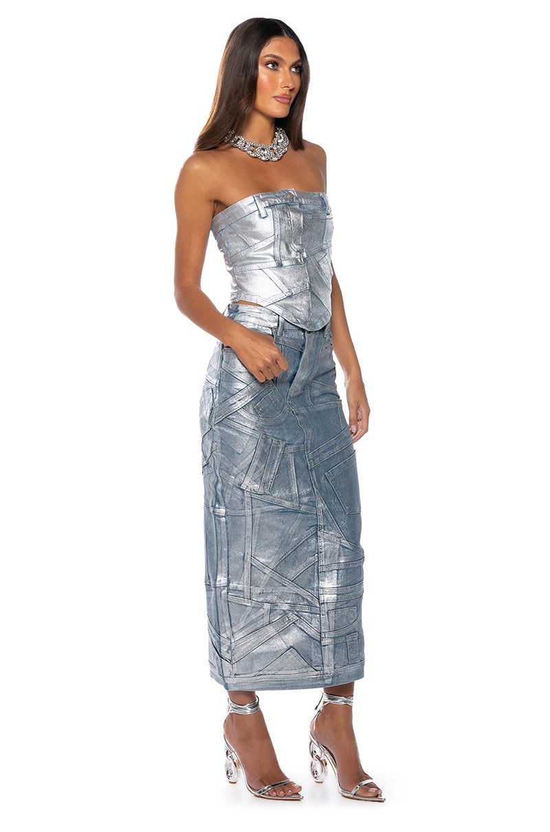 GIGI METALLIC PATCHWORK DENIM SKIRT