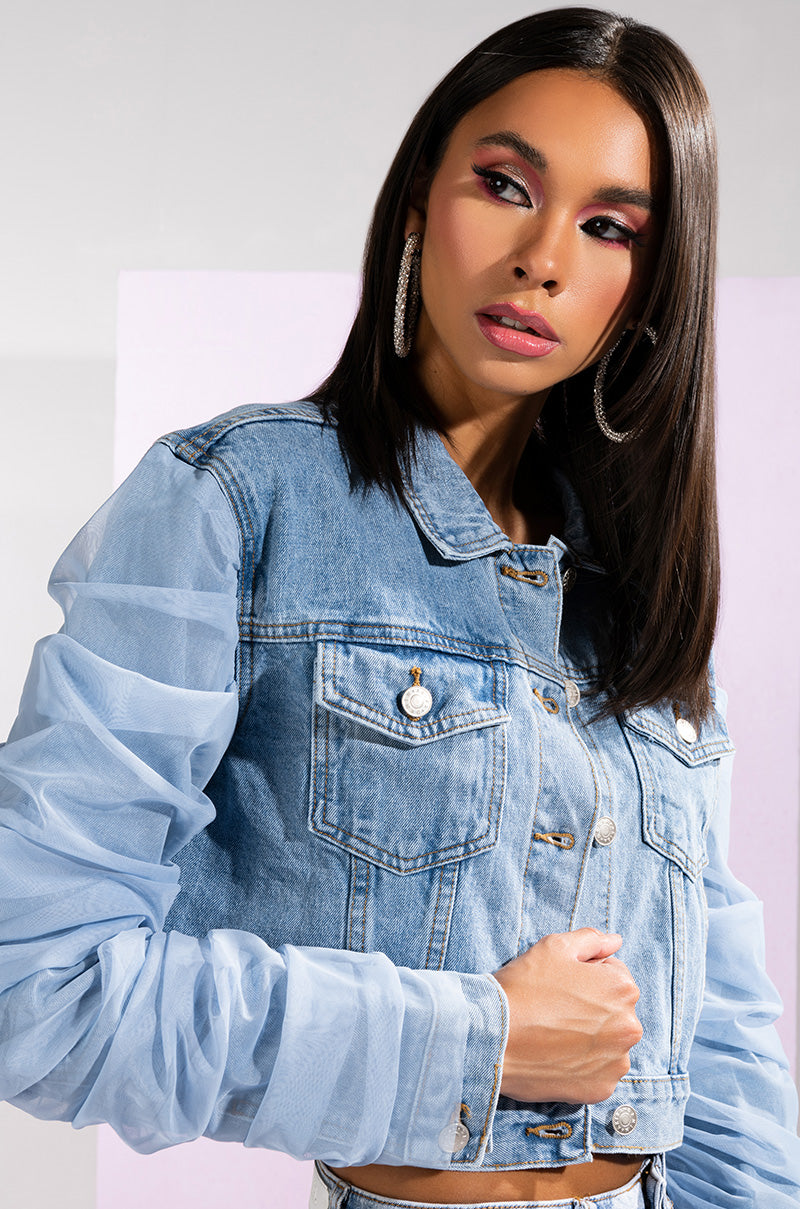 TULLE RUCHED ARM DENIM JACKET