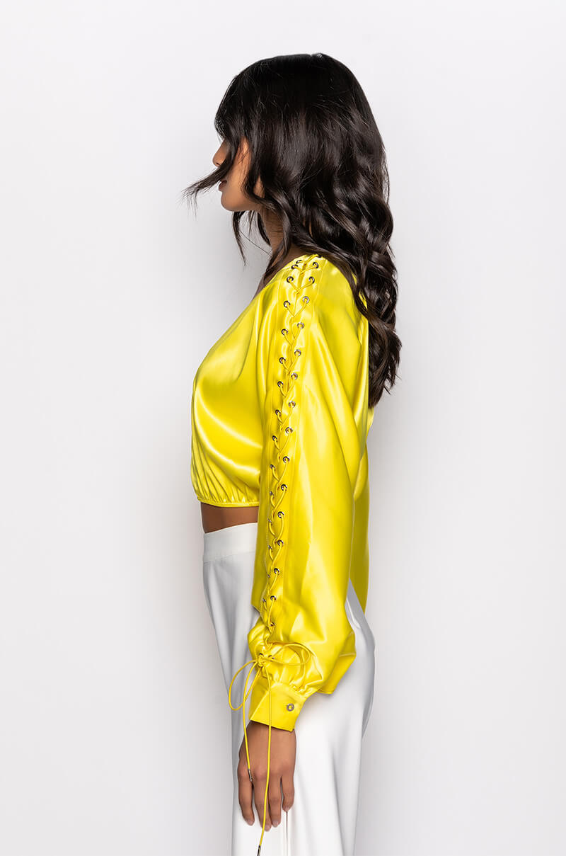UNPROBLEMATIC LACE UP SLEEVES SATIN BLOUSE