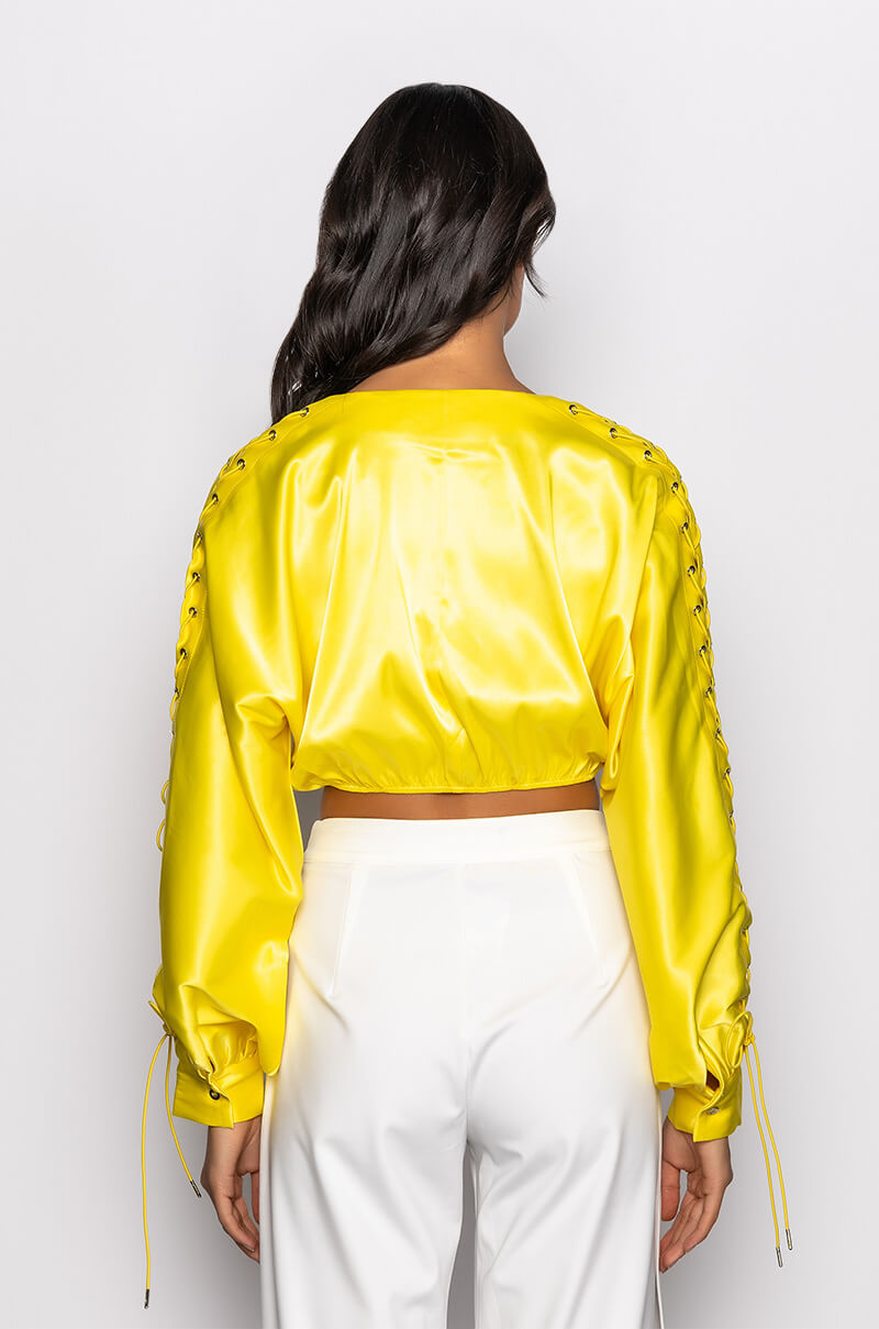 UNPROBLEMATIC LACE UP SLEEVES SATIN BLOUSE
