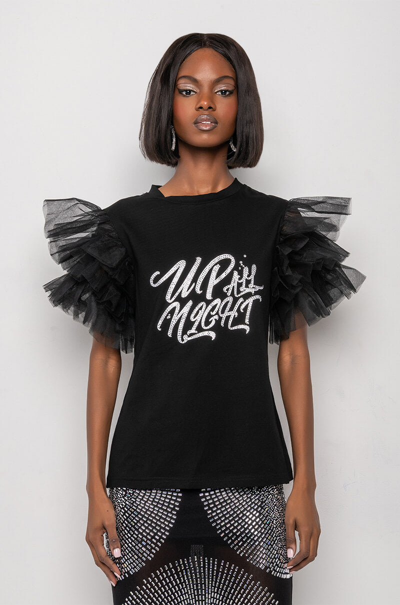 UP ALL NIGHT TULLE DETAIL T SHIRT