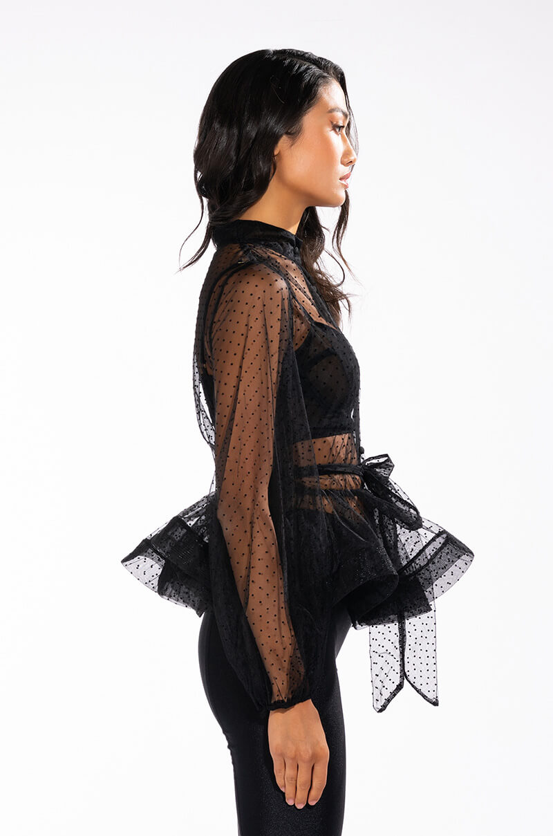 UPPER EAST SIDE TIE NECK LONG SLEEVE PEPLUM BLOUSE