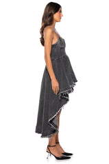 VIOLET HIGH LOW HEM DENIM HALTER NECK DRESS