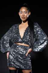 VIVA LAS VEGAS LONG SLEEVE CROPPED WRAP BLOUSE