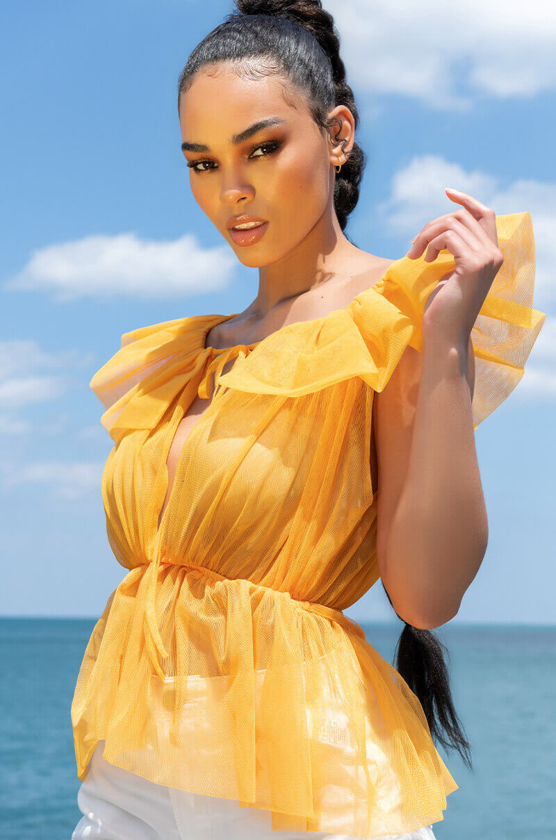 ELECTRA RUFFLE COLLAR SLEEVELESS PEPLUM BLOUSE