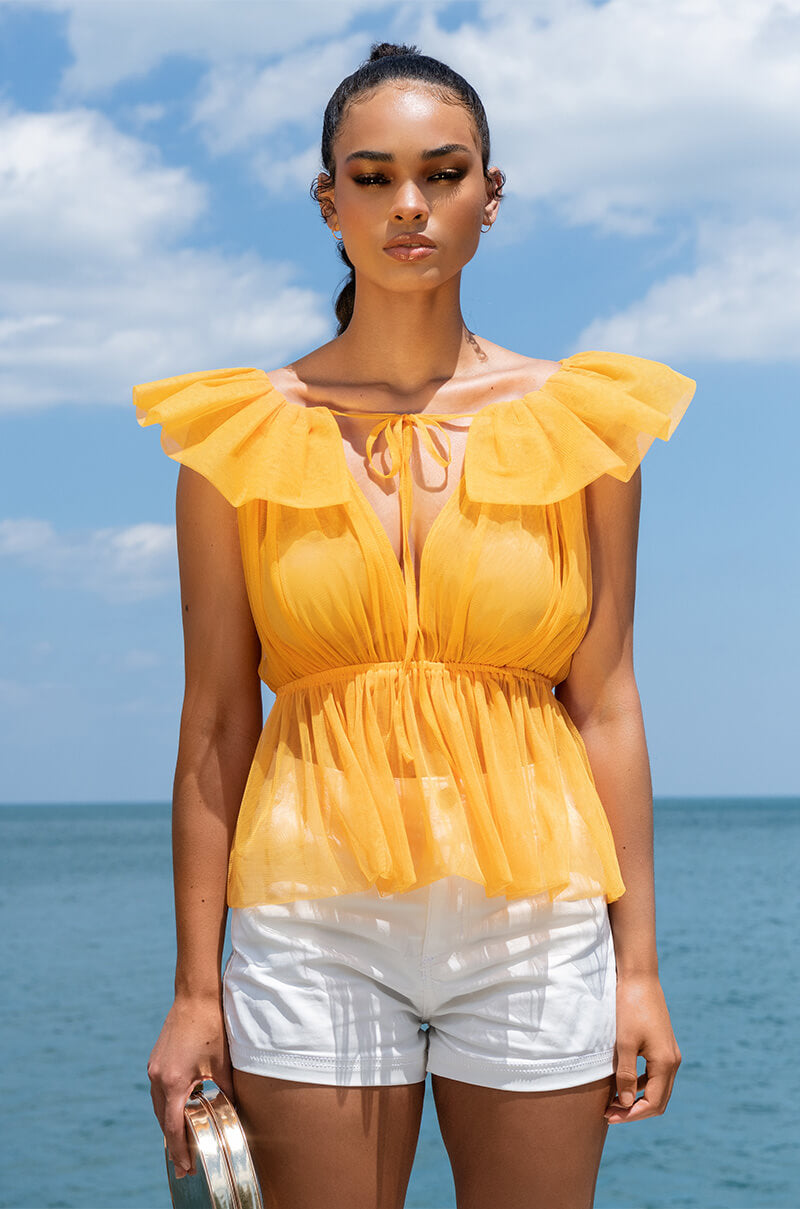 ELECTRA RUFFLE COLLAR SLEEVELESS PEPLUM BLOUSE