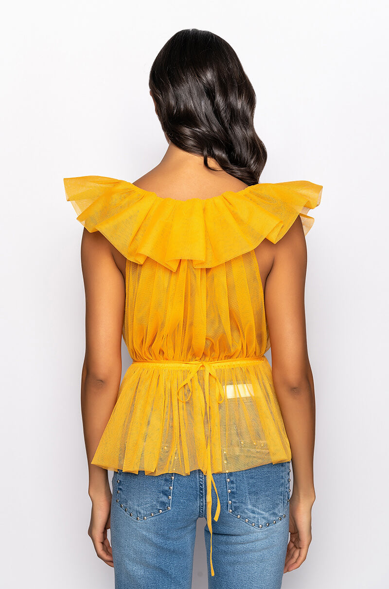 ELECTRA RUFFLE COLLAR SLEEVELESS PEPLUM BLOUSE