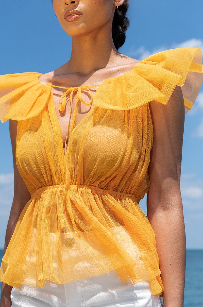 ELECTRA RUFFLE COLLAR SLEEVELESS PEPLUM BLOUSE