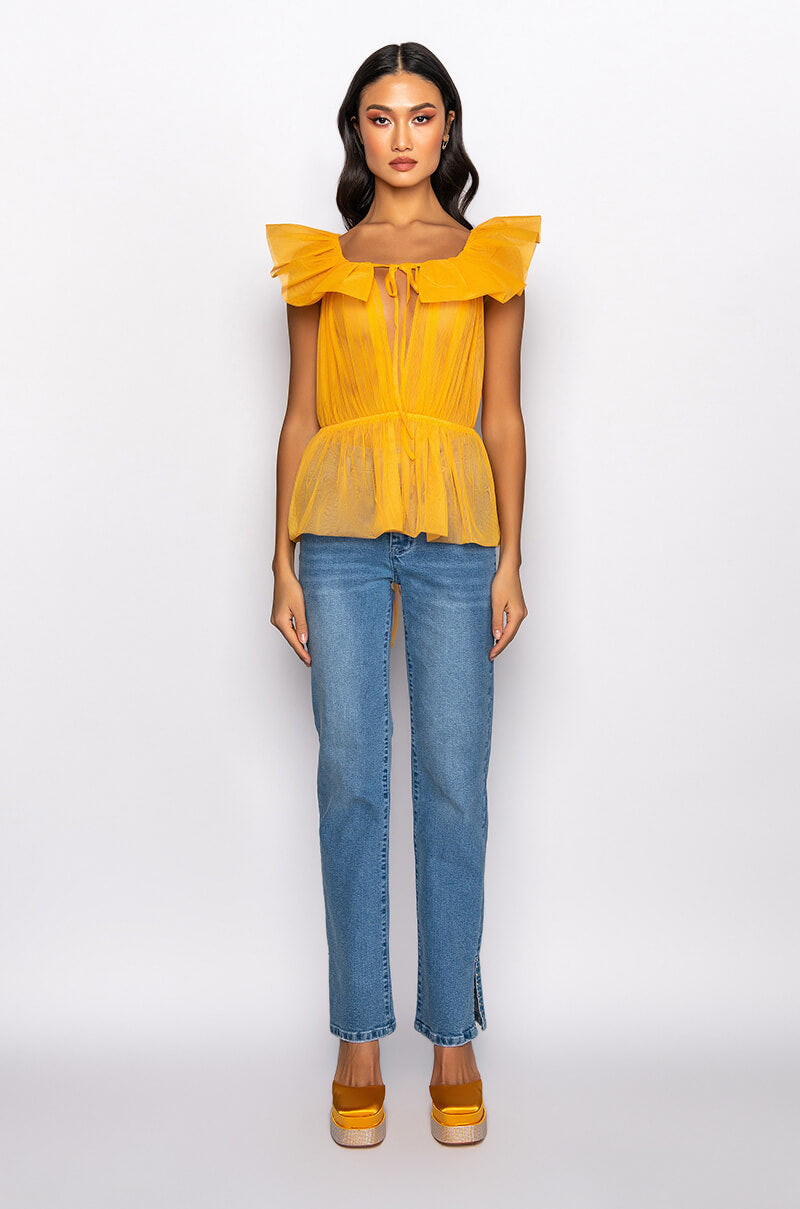 ELECTRA RUFFLE COLLAR SLEEVELESS PEPLUM BLOUSE