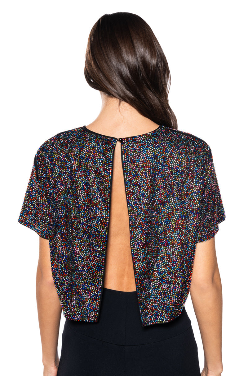 WONDERLUST RHINESTONE EMBELLISHED OPEN BACK T-SHIRT