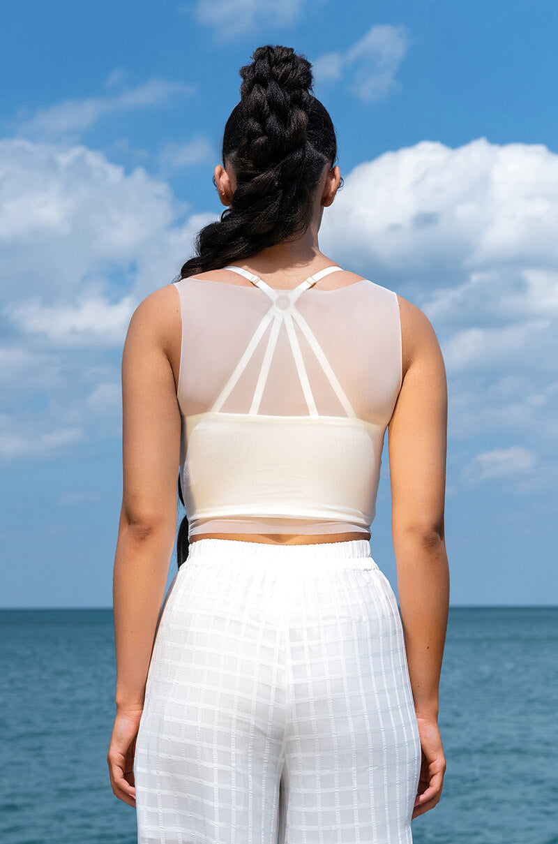 WANDERLUST SLEEVELESS MESH BOAT NECK CROP TOP