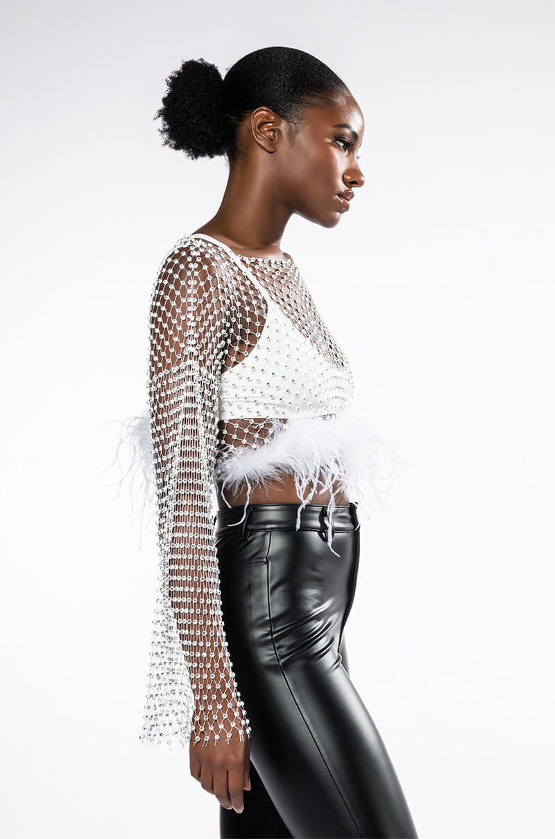 WANT MORE RHINESTONE TOP WITH FEATHER DETAILS