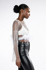 WANT MORE RHINESTONE TOP WITH FEATHER DETAILS