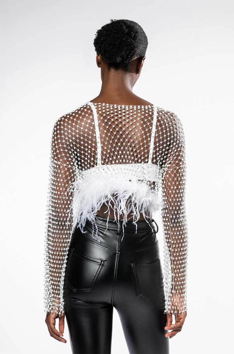 WANT MORE RHINESTONE TOP WITH FEATHER DETAILS
