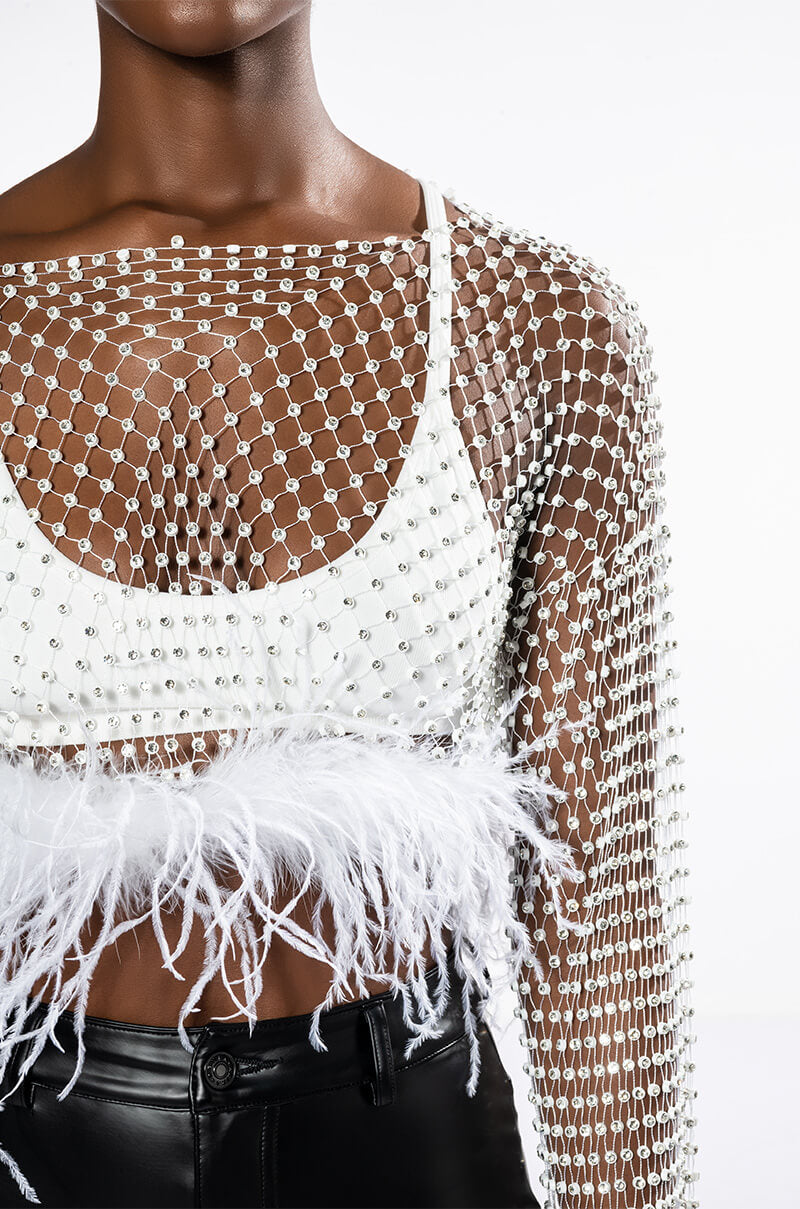 WANT MORE RHINESTONE TOP WITH FEATHER DETAILS
