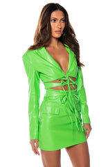 WAVE CUT OUT DETAIL FAUX LEATHER BLAZER DRESS
