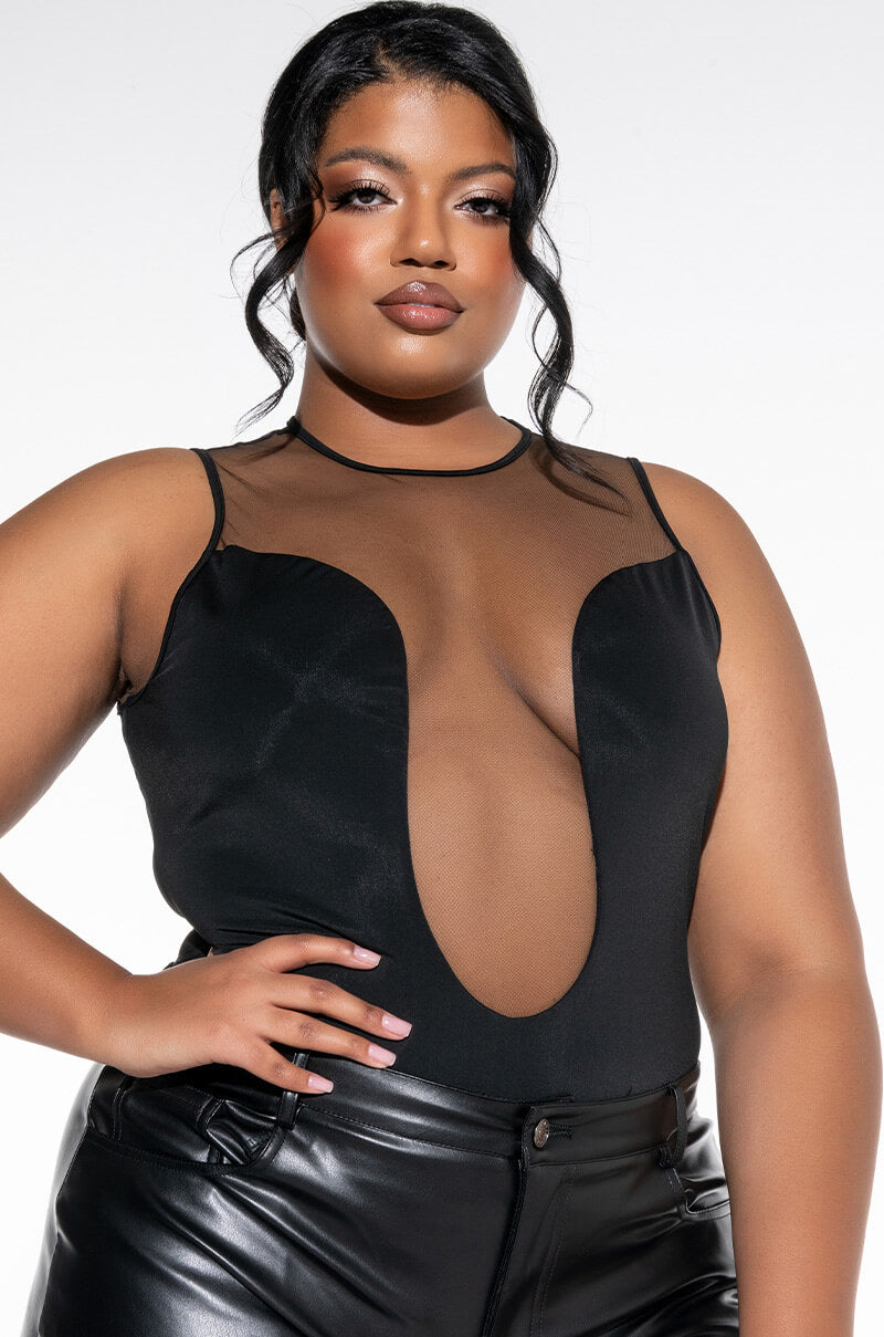 WHO ME MESH INSERT SLEEVELESS CREW NECK BODYSUIT