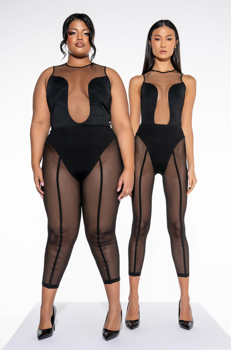 WHO ME MESH INSERT SLEEVELESS CREW NECK BODYSUIT