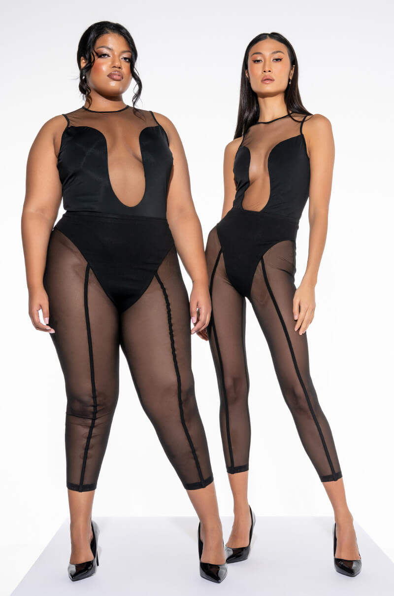 WHO ME MESH INSERT SLEEVELESS CREW NECK BODYSUIT