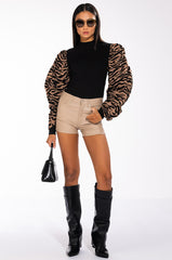 WILD SIDE CREW NECK FLOCKED RUFFLE SLEEVE TOP