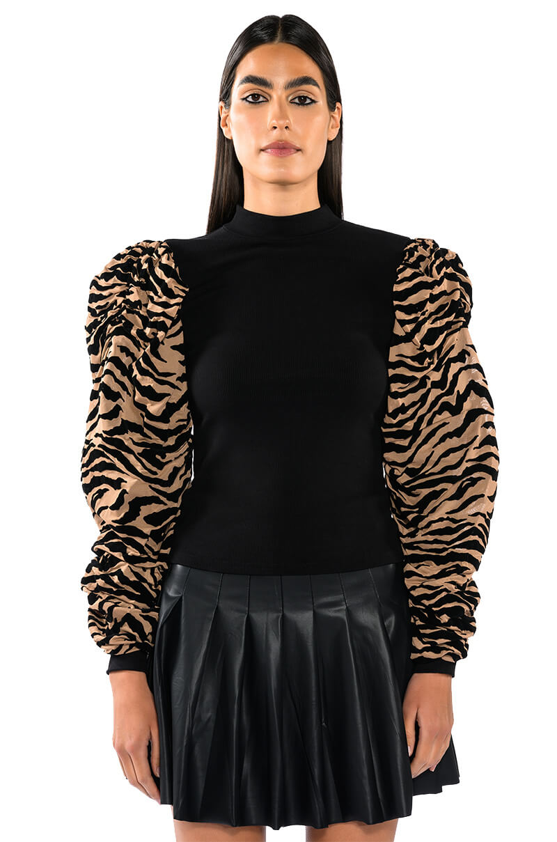 WILD SIDE CREW NECK FLOCKED RUFFLE SLEEVE TOP