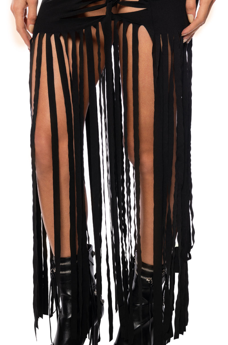 WILD THOUGHTS FRINGED MAXI CUTOUT SKIRT