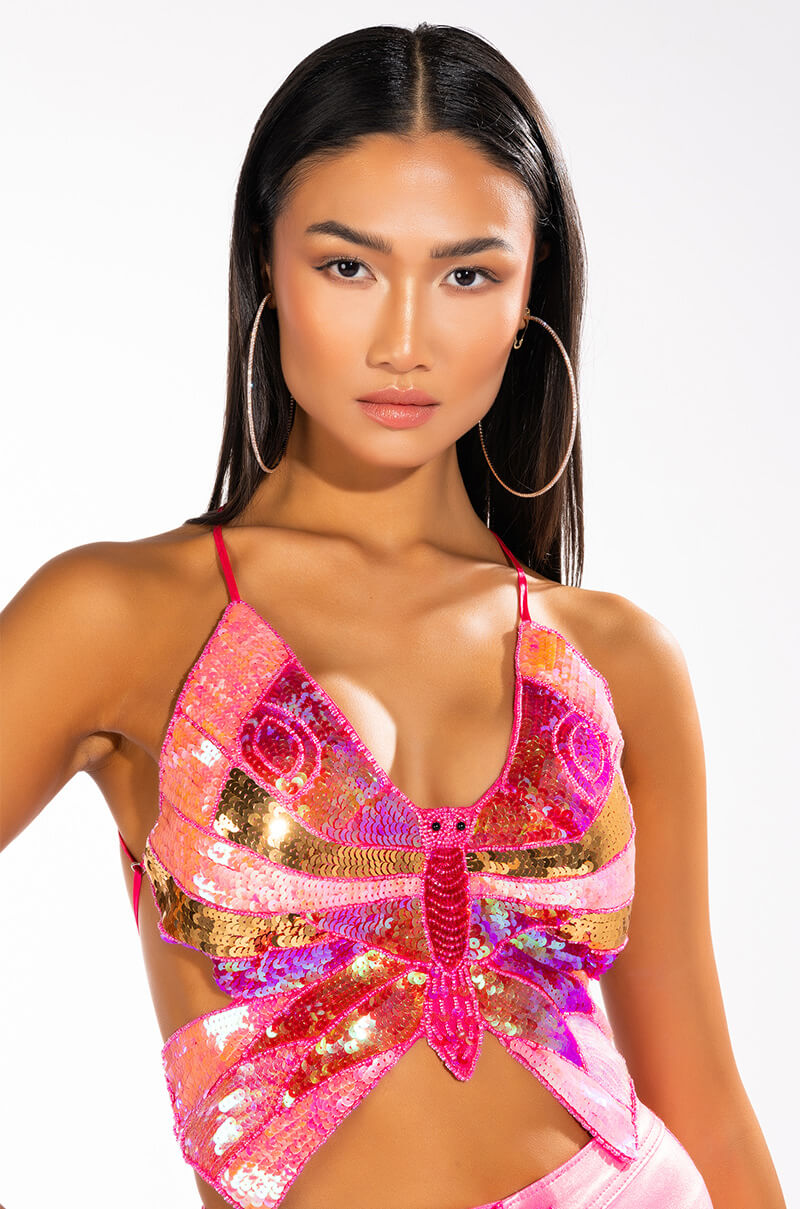 WONDERLAND SEQUIN HALTER CROP TOP