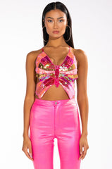 WONDERLAND SEQUIN HALTER CROP TOP