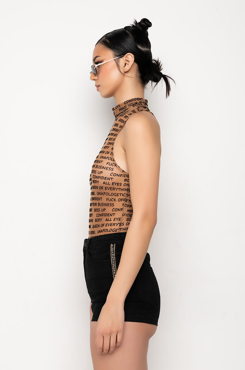 WORD OF MOUTH SLEEVELESS MOCK NECK MESH BODYSUIT