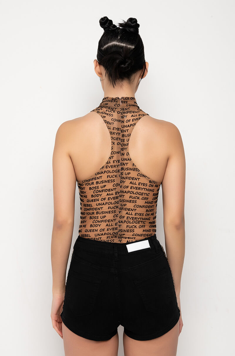 WORD OF MOUTH SLEEVELESS MOCK NECK MESH BODYSUIT