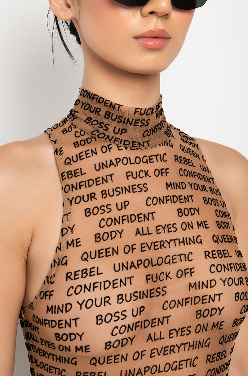 WORD OF MOUTH SLEEVELESS MOCK NECK MESH BODYSUIT