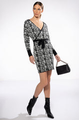 WRAP FRONT GEOMETRIC KNIT MINI DRESS