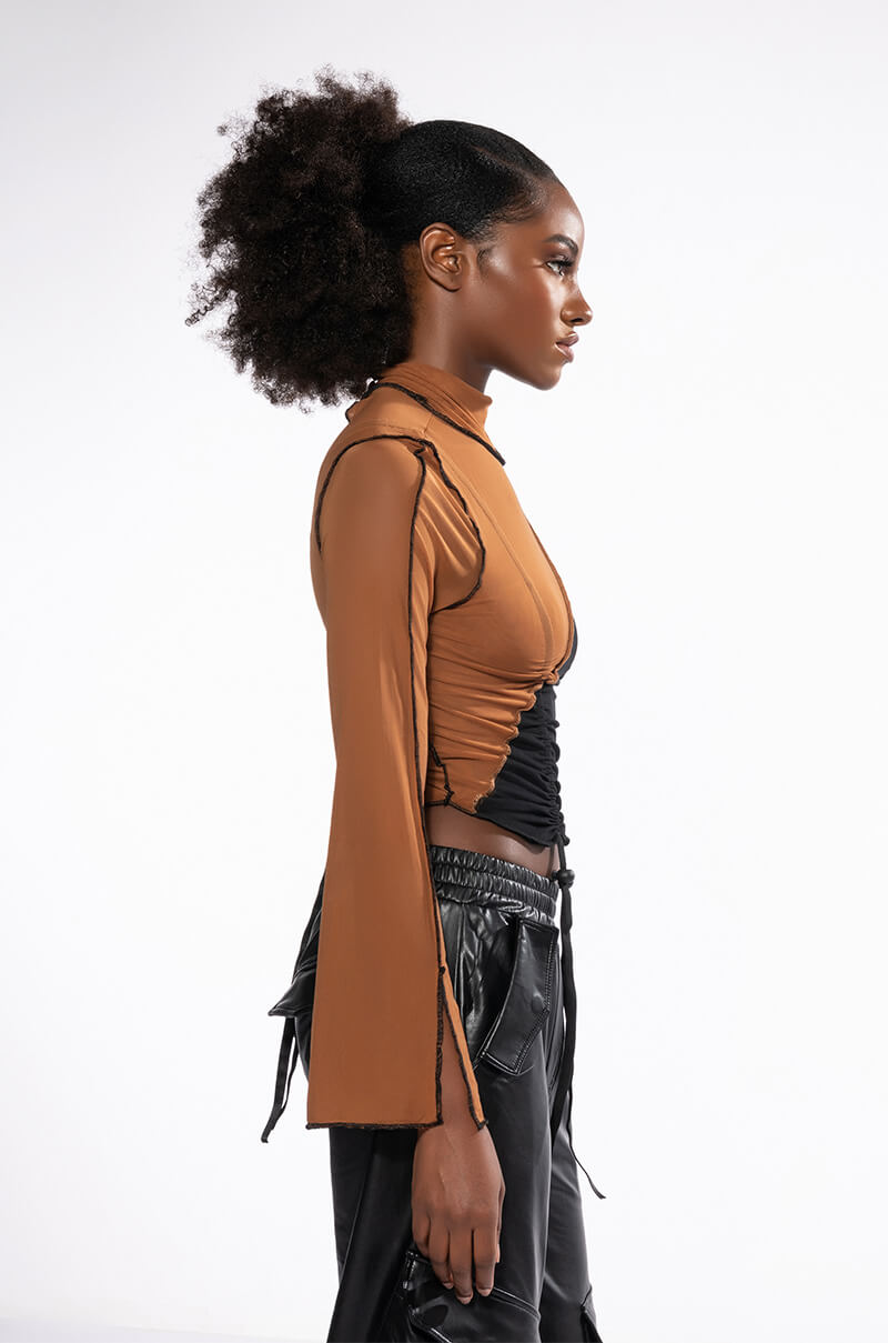 YIN AND YANG LONG SLEEVE MESH TURTLENECK TOP